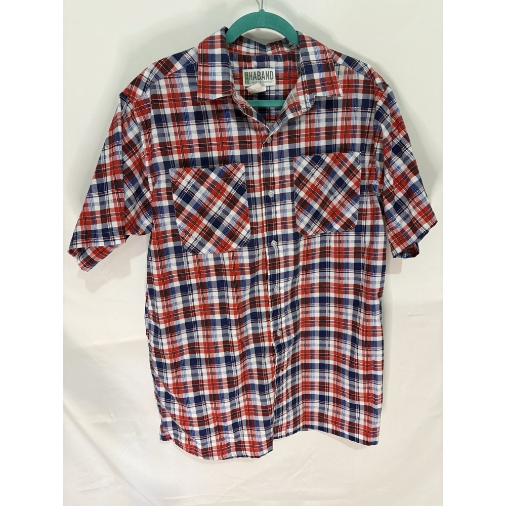 Men's Medium Haband Short Sleeved Button Down Shirt Red White And Blue Plaid